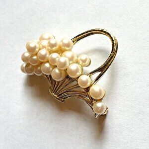 Vintage Faux Pearl Gold Tone Basket Brooch Pin Costume Jewelry Estate